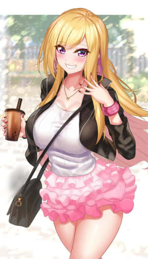 金發動漫女孩在陽光明媚的戶外場景中拿著泡泡茶 — 東京喰種角色 壁紙