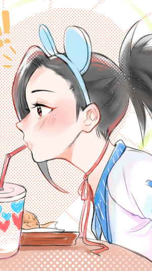 戴著兔耳的動漫女孩喝飲料並臉紅。 — 我的英雄學院 壁紙