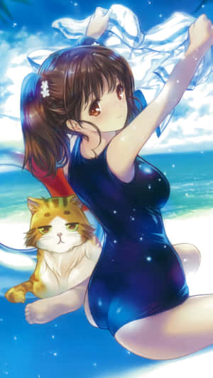 星星泳衣動漫女孩與貓在藍天下 — 海 壁紙