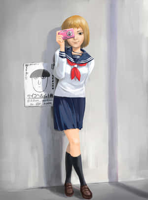 動漫女學生穿著水手服，拿著粉紅色相機，靠著普通牆壁。 — Galaxy Z TriFold 壁紙