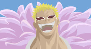 動漫角色戴著太陽眼鏡在紫色花朵背景下大笑。 — Dorohedoro 壁紙