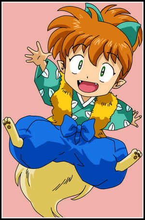 動漫小孩穿著傳統服飾，帶著藍色蝴蝶結騎狗。 — 2:3 壁紙