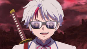 白髮戴眼鏡的動漫角色在紅天下手持武士刀。 — Himiko toga GIF 壁紙