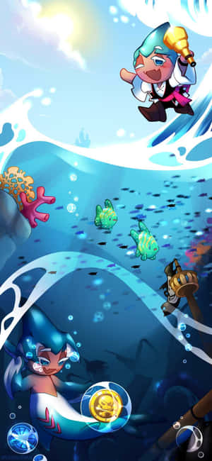 動漫美人魚和海盜在發光的海浪中跳躍，伴隨著魚和珊瑚。 — 皇室 壁紙