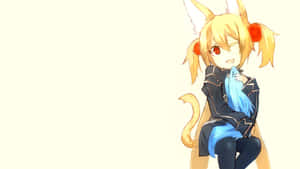 動畫狐狸女孩，眼睛明亮，微笑著抱著藍色毛絨玩具。 — 刀劍神域 GIF 壁紙