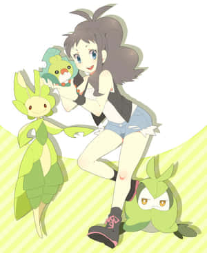 棕色頭髮的動畫女孩，在綠色條紋的山丘上，被另外兩隻葉子狀的小精靈圍繞，抱著一隻綠色的小精靈。 — Galaxy Z Fold 5 壁紙