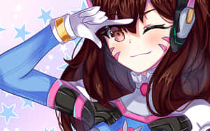 動畫女孩戴著耳機在星星背景上眨眼並做出和平手勢 — 鬥陣特攻 GIF 壁紙