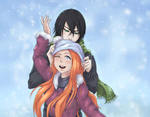 動畫情侶享受雪天，有頑皮的互動和明亮的冬季服裝。 — 靚靚動畫 壁紙