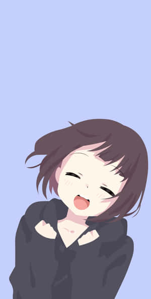 動畫女孩在薰衣草背景前閉眼張嘴大笑。 — Pixel Fold 壁紙