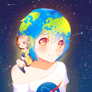 動畫女孩，地球主題頭髮，穿著NASA襯衫，在太空中微笑，肩上有一個小孩。 — iPad Air 11 壁紙