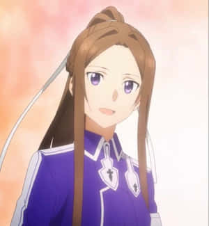 動畫女孩穿著紫色制服，長長嘅棕色頭髮同紫色眼睛，輕輕微笑。 — Galaxy Z Flip 8 壁紙