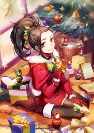 動畫女孩穿著聖誕老人服裝，被聖誕禮物和裝飾品環繞。 — iPad (A16) 壁紙