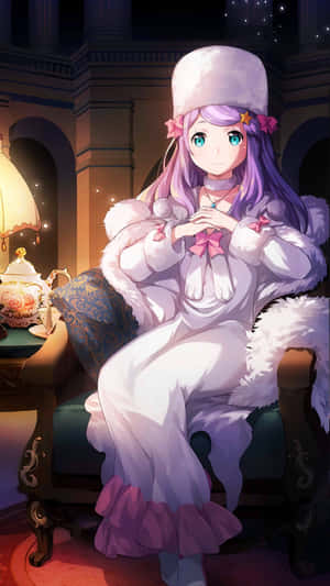 動畫女孩穿著冬季服裝坐在舒適房間的燈旁 — 堀與宮村 壁紙