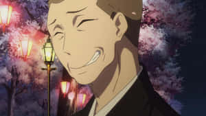 動畫男人在夜晚的燈籠和櫻花下微笑。 — 武士Champloo 壁紙