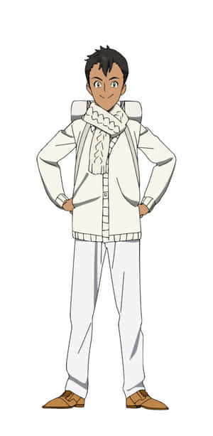 動畫角色身穿白色冬季服裝，配搭圖案圍巾和棕色鞋子。 — Pixel 3 壁紙