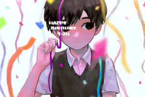 穿著校服的動畫男孩用彩色紙屑和拉炮慶祝生日。 — MacBook 壁紙