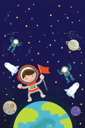 卡通太空人揮動旗幟同火箭喺地球同行星周圍飛嘅太空場景。 — Huawei Pura X Max 壁紙