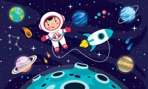 一個卡通太空人與火箭和色彩繽紛的行星一起漂浮在太空。 — 太空美學 GIF 壁紙