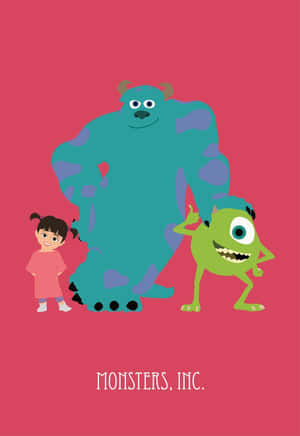 一個女孩與兩隻來自 Monsters Inc. 的怪獸在粉紅色背景上。 — 小米18 Fold 壁紙
