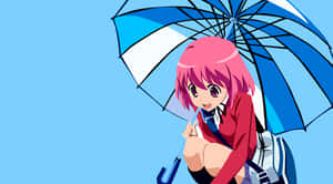 粉紅色頭髮的動漫女孩穿著校服，拿著一把藍白相間的雨傘。 — 古勒比加 壁紙