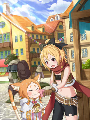 貓耳動漫女孩在陽光明媚的村莊廣場上開心地吃著糕點。 — Kindle Paperwhite 壁紙