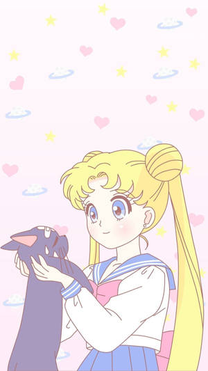 穿著水手服的動漫女孩擁抱黑貓，周圍漂浮著心形和星星。 — 心形 壁紙
