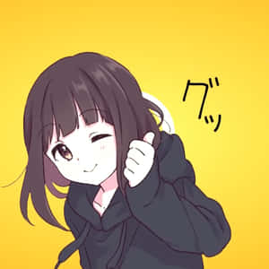 動漫女孩在黃色背景上眨眼並豎起大拇指。 — 粉紅動漫美學 壁紙