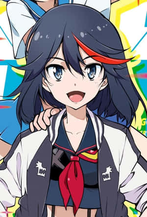 動漫女孩穿著校服微笑，帶有紅色挑染和色彩繽紛的背景。 — 動漫打鬥 壁紙