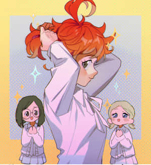三個穿著校服的動漫女孩，其中一個中心人物微笑著，兩個較小的女孩崇拜地抬頭看著。 — Honor Magic V Flip 2 壁紙