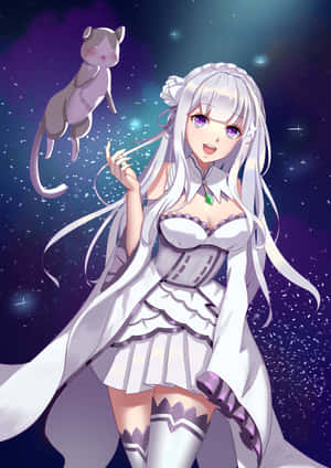 白髮紫眼的動漫女孩與貓咪在星空中漂浮。 — iPad Air 壁紙