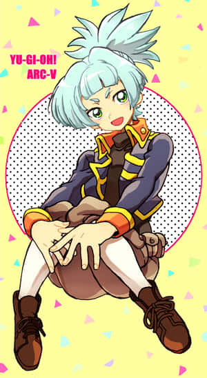 來自《遊戲王ARC-V》的動漫角色，盤腿坐在一個帶有彩色三角形的圓點圖案圓圈上。 — 鹿丸 壁紙