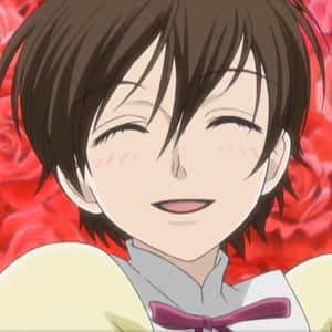 動漫角色微笑，棕色頭髮，背景有紅玫瑰。 — 花子君 壁紙