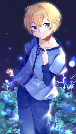 穿藍色衣服的動畫男孩在星空下閃爍的花朵中微笑。 — 刀劍神域 GIF 壁紙
