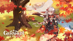 動漫角色在秋日森林中，有落葉和遊戲標誌 — 原神 壁紙