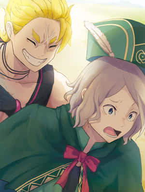 金髮動漫男孩對著一個穿著綠色斗篷的驚訝女孩咧嘴笑。 — iPad Pro 12.9 壁紙