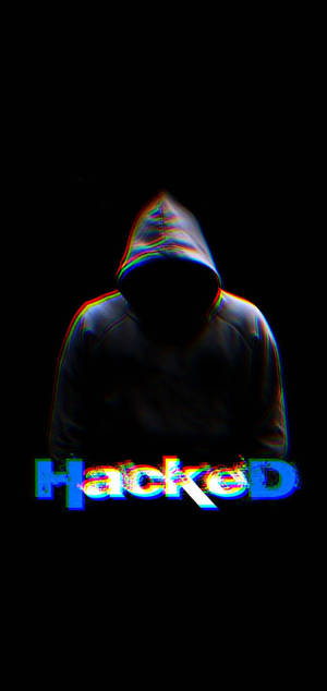 連帽黑客的剪影，帶有顯示 hacked 的故障文字 — iPhone 16 Pro 壁紙