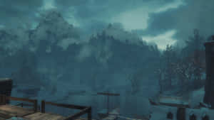 結冰河邊的雪村，霧氣瀰漫的藍綠色天空下 — 天際 GIF 壁紙