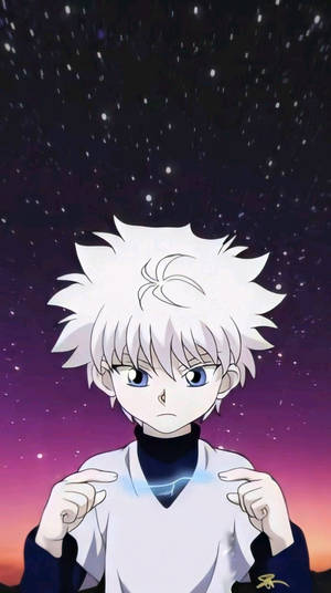 白髮藍眼的動漫角色在星空下指向發光的能量。 — 動漫男孩 壁紙
