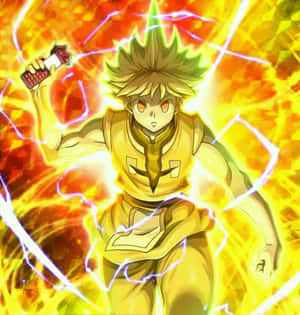 穿著黃色盔甲的動漫男孩高舉武器釋放出熾熱的閃電能量。 — Galaxy Z Flip7 FE 壁紙