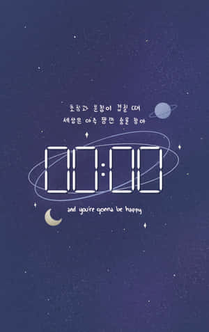 數位時鐘在繁星夜空下顯示00:00，背景有月亮和行星。 — Galaxy Tab S9 FE 壁紙