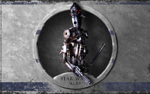 IG-88賞金獵人機械人在圓形框架中手持爆能槍。 — 星際大戰 壁紙