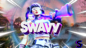 Fortnite 角色在宇宙背景中手持發光紫色武器，帶有「SWAVY」文字。 — 2560x1440 壁紙