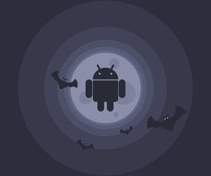Android機械人，蝙蝠在夜晚圍繞發光的月亮飛翔。 — 鎖屏 壁紙