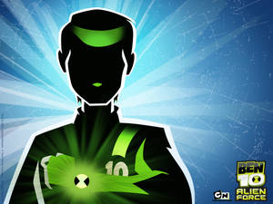 Ben 10 Alien Force角色剪影在藍色能量爆發背景上發出綠色光芒。 — 三葉宗介 壁紙