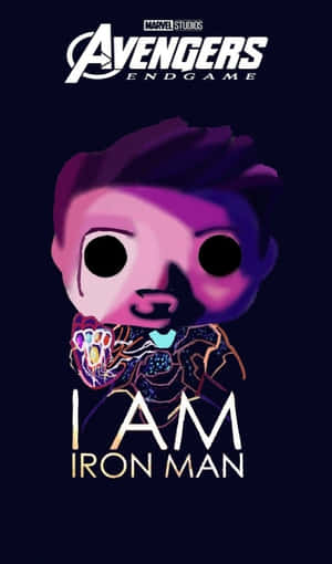 Funko Pop鐵甲奇俠，帶有發光手套和'I AM IRON MAN'文字。 — Galaxy Tab A11 壁紙