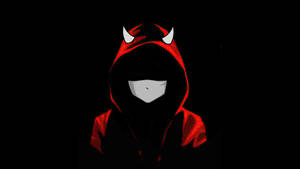 一個戴著連帽、惡魔角和空白面具的人物，處於黑暗環境中。 — 路西法 惡魔 壁紙