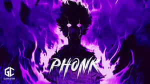 動漫角色剪影，眼睛發光，被紫色火焰包圍，帶有「PHONK」文字。 — 音樂美學 壁紙