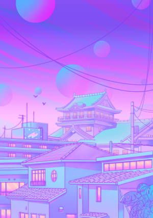 動漫風格的城市，傳統建築在發光的紫色天空下，漂浮著球體。 — 紫色美學 壁紙