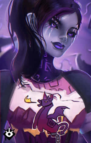動漫女孩，紫色眼睛，服裝上有龍徽章，在紫色燈光下。 — Galaxy Tab S10+ 壁紙