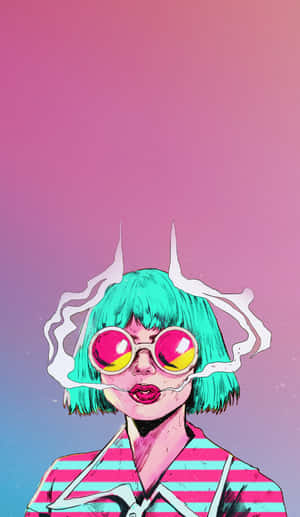 動漫女孩，擁有綠松石色頭髮和粉色太陽眼鏡，在漸變背景中吐煙。 — Galaxy Tab A 壁紙